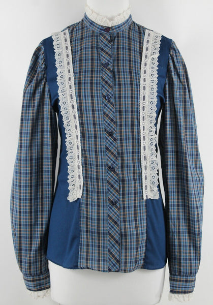 Sheplers VTG Sz 12 Blue Multi Plaid Lace Accent Poly Blend Button Front Top