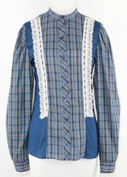 Sheplers VTG Sz 12 Blue Multi Plaid Lace Accent Poly Blend Button Front Top
