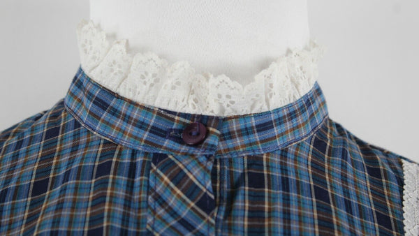 Sheplers VTG Sz 12 Blue Multi Plaid Lace Accent Poly Blend Button Front Top