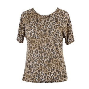 LNA NEW $95 Sz XS Brown Leopard Burnout Boxy Crew 100% Cotton Knit Top
