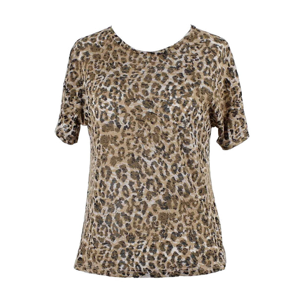 LNA NEW $95 Sz XS Brown Leopard Burnout Boxy Crew 100% Cotton Knit Top