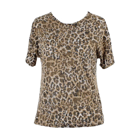 LNA NEW $95 Sz XS Brown Leopard Burnout Boxy Crew 100% Cotton Knit Top