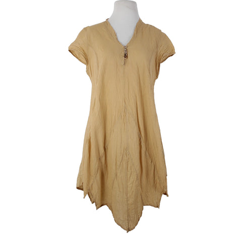 Punch Sz S Tan Asymmetrical Short Sleeve Pull Over Buttons 100% Cotton Dress