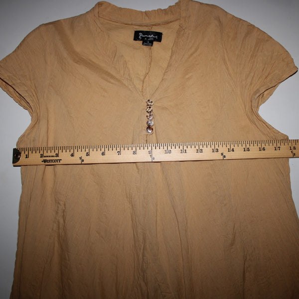 Punch Sz S Tan Asymmetrical Short Sleeve Pull Over Buttons 100% Cotton Dress