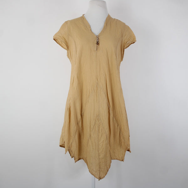 Punch Sz S Tan Asymmetrical Short Sleeve Pull Over Buttons 100% Cotton Dress