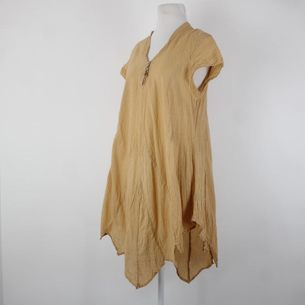 Punch Sz S Tan Asymmetrical Short Sleeve Pull Over Buttons 100% Cotton Dress