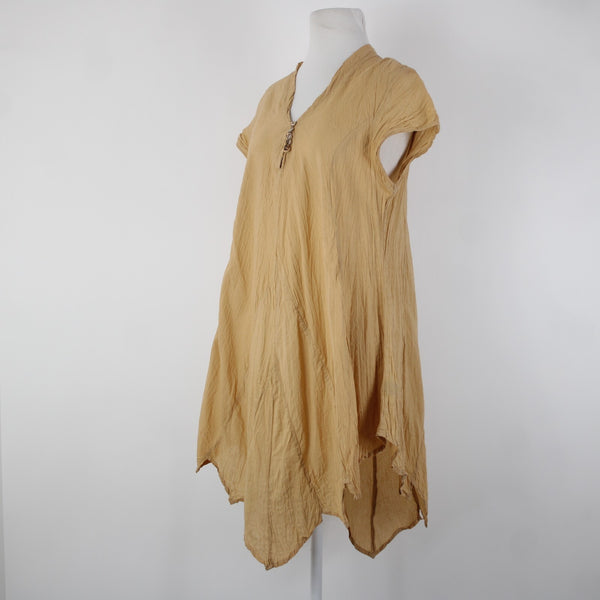 Punch Sz S Tan Asymmetrical Short Sleeve Pull Over Buttons 100% Cotton Dress