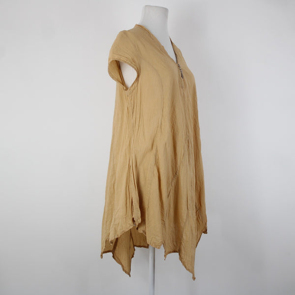 Punch Sz S Tan Asymmetrical Short Sleeve Pull Over Buttons 100% Cotton Dress
