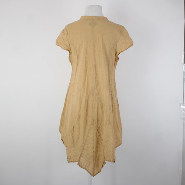Punch Sz S Tan Asymmetrical Short Sleeve Pull Over Buttons 100% Cotton Dress