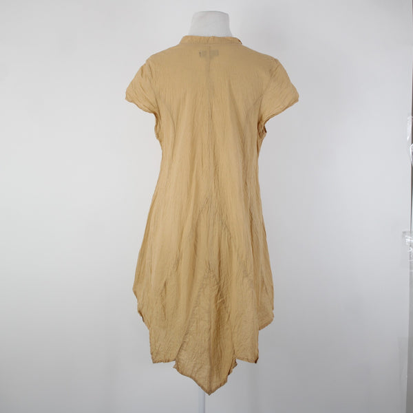 Punch Sz S Tan Asymmetrical Short Sleeve Pull Over Buttons 100% Cotton Dress