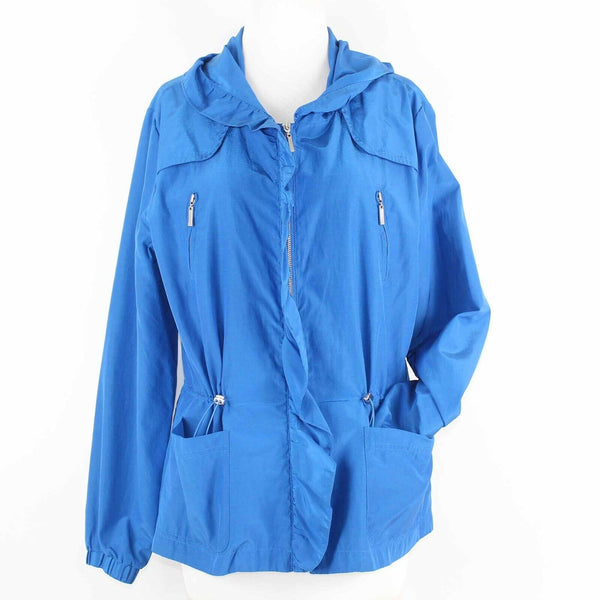Erin London Sz L Blue Lined Hooded Elastic Pulls Zips Cotton Poly Jacket