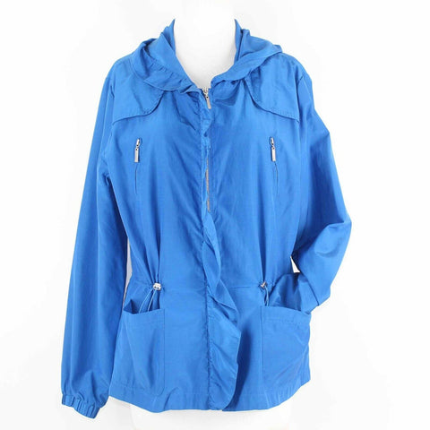 Erin London Sz L Blue Lined Hooded Elastic Pulls Zips Cotton Poly Jacket