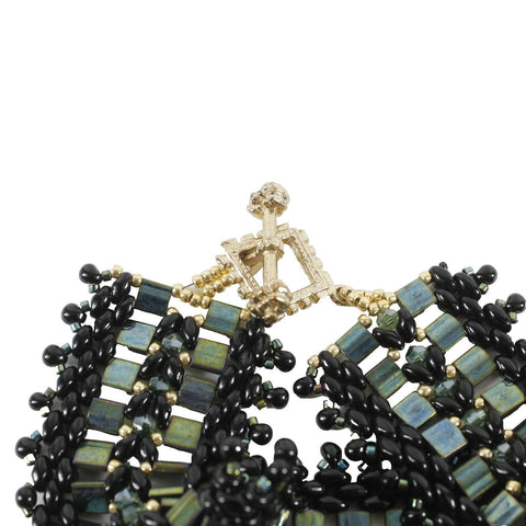 Unbranded Sz 8 x 1.5in Black Green Goldtone Glass Bead Toggle Bracelet
