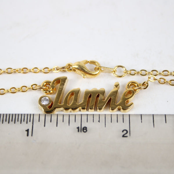 JAMIE NEW Name Goldtone Rhinestone Accent 14.5" W 4.5" Multi Ring Ext Necklace