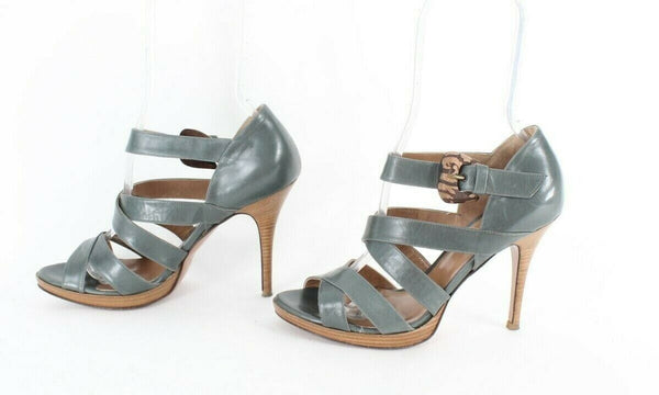 Icone $261 Sz 39 Teal Blue Brown Open Toe Buckle Strappy 4" Heel