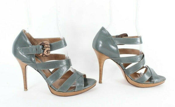 Icone $261 Sz 39 Teal Blue Brown Open Toe Buckle Strappy 4" Heel