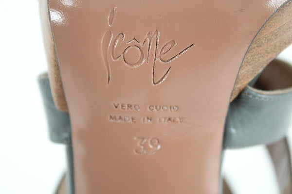 Icone $261 Sz 39 Teal Blue Brown Open Toe Buckle Strappy 4" Heel