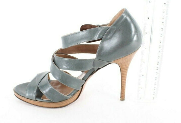 Icone $261 Sz 39 Teal Blue Brown Open Toe Buckle Strappy 4" Heel