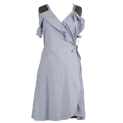 BP NEW Sz S Blue White Stiped Cold Shoulder V Neck Knee Length Dress