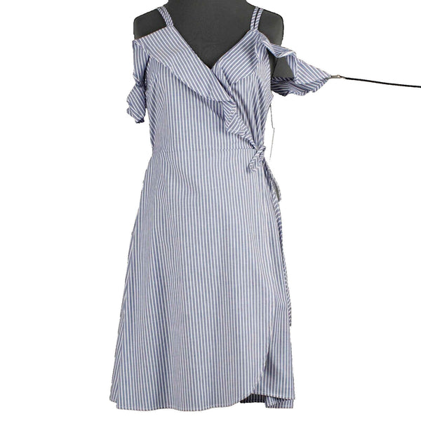 BP NEW Sz S Blue White Stiped Cold Shoulder V Neck Knee Length Dress