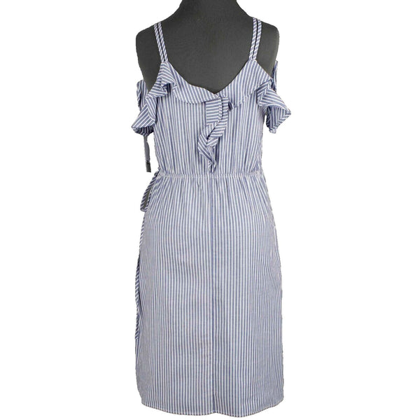 BP NEW Sz S Blue White Stiped Cold Shoulder V Neck Knee Length Dress
