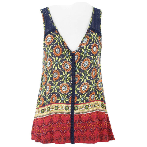 Elodie Sz M Navy Blue Red Multi Lace Insert Rayon Nylon Cotton Top