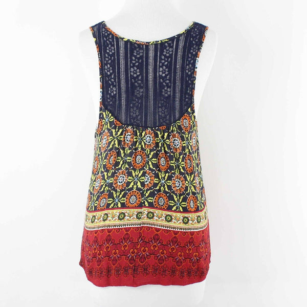Elodie Sz M Navy Blue Red Multi Lace Insert Rayon Nylon Cotton Top