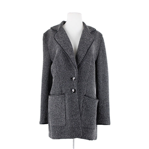 St John Collection Sz 10 Black White Novelty Knit Pocket Wool Viscose Rayon Coat