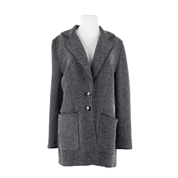 St John Collection Sz 10 Black White Novelty Knit Pocket Wool Viscose Rayon Coat