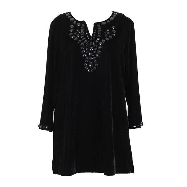 Quacker Factory Sz M Black Velour Beaded 3/4 Sleeve Polyester Spandex Sweater