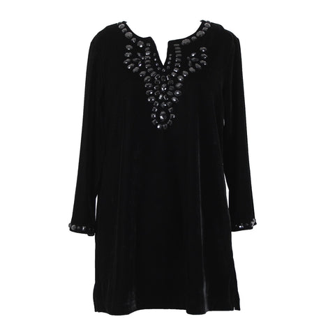 Quacker Factory Sz M Black Velour Beaded 3/4 Sleeve Polyester Spandex Sweater