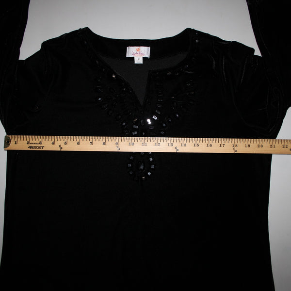 Quacker Factory Sz M Black Velour Beaded 3/4 Sleeve Polyester Spandex Sweater