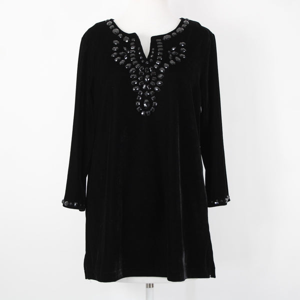 Quacker Factory Sz M Black Velour Beaded 3/4 Sleeve Polyester Spandex Sweater