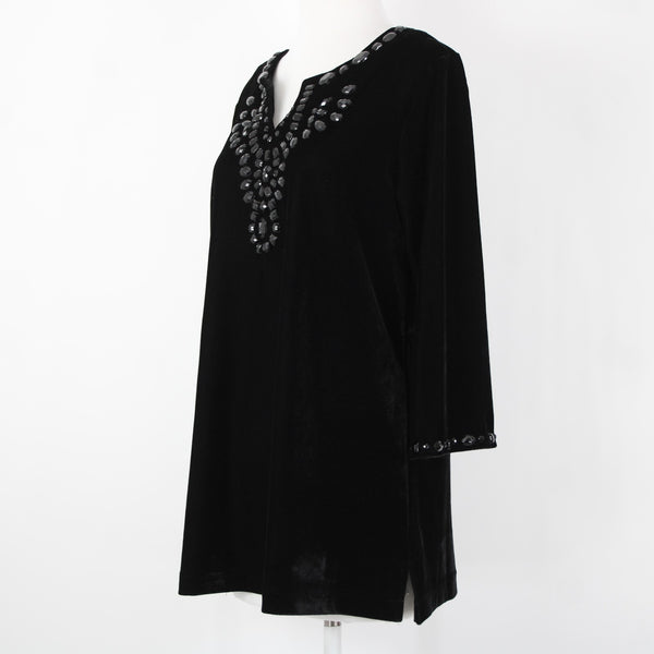 Quacker Factory Sz M Black Velour Beaded 3/4 Sleeve Polyester Spandex Sweater