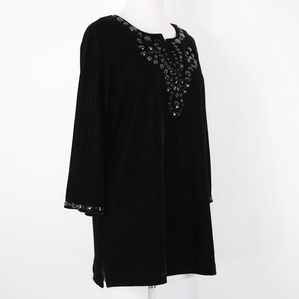 Quacker Factory Sz M Black Velour Beaded 3/4 Sleeve Polyester Spandex Sweater