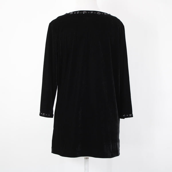 Quacker Factory Sz M Black Velour Beaded 3/4 Sleeve Polyester Spandex Sweater