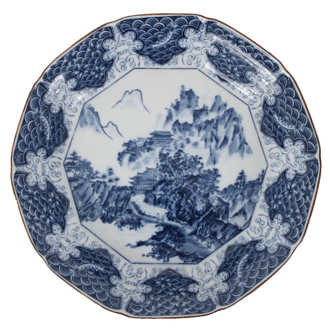 Mokusen 12 x 12 x 3 Blue White Ceramic Signed Transferware Bowl