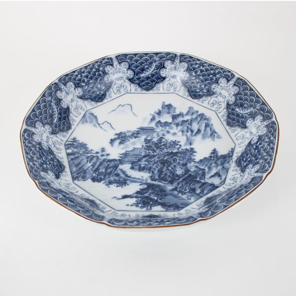 Mokusen 12 x 12 x 3 Blue White Ceramic Signed Transferware Bowl