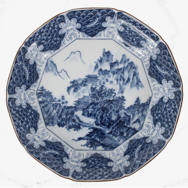 Mokusen 12 x 12 x 3 Blue White Ceramic Signed Transferware Bowl