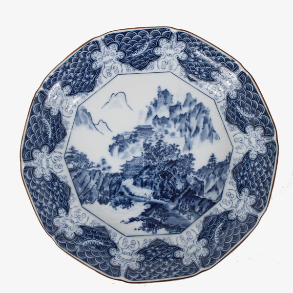 Mokusen 12 x 12 x 3 Blue White Ceramic Signed Transferware Bowl