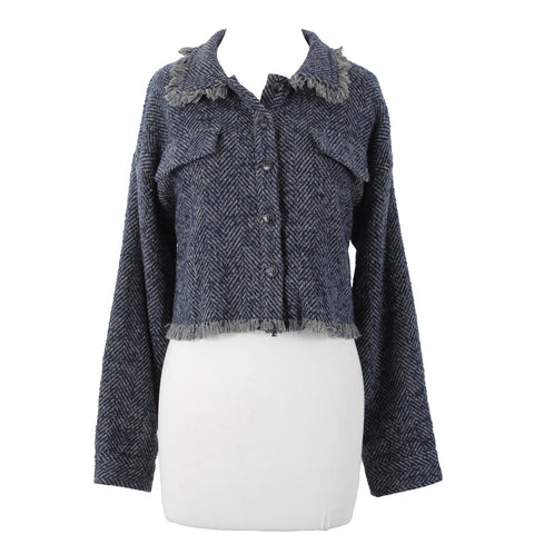 Sage The Label Sz M Navy Blue Gray Lined Buttons Wool Polyester Cropped Jacket