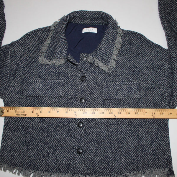 Sage The Label Sz M Navy Blue Gray Lined Buttons Wool Polyester Cropped Jacket