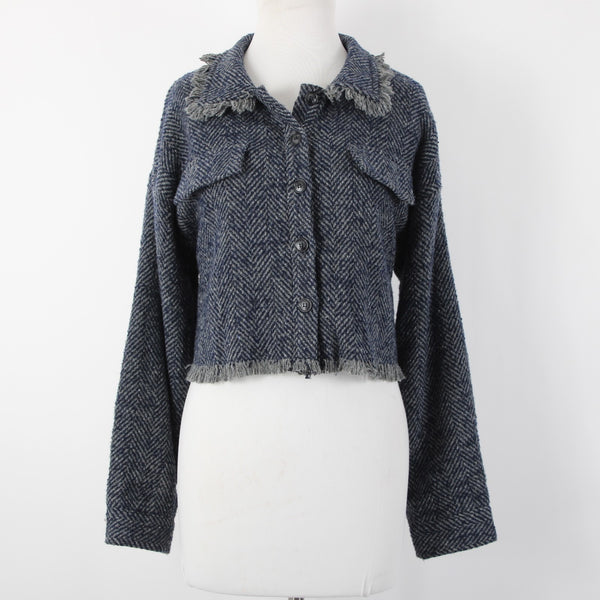 Sage The Label Sz M Navy Blue Gray Lined Buttons Wool Polyester Cropped Jacket