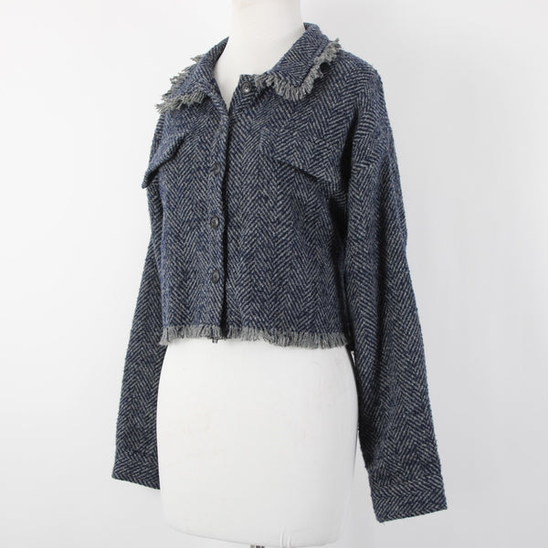 Sage The Label Sz M Navy Blue Gray Lined Buttons Wool Polyester Cropped Jacket