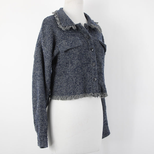 Sage The Label Sz M Navy Blue Gray Lined Buttons Wool Polyester Cropped Jacket