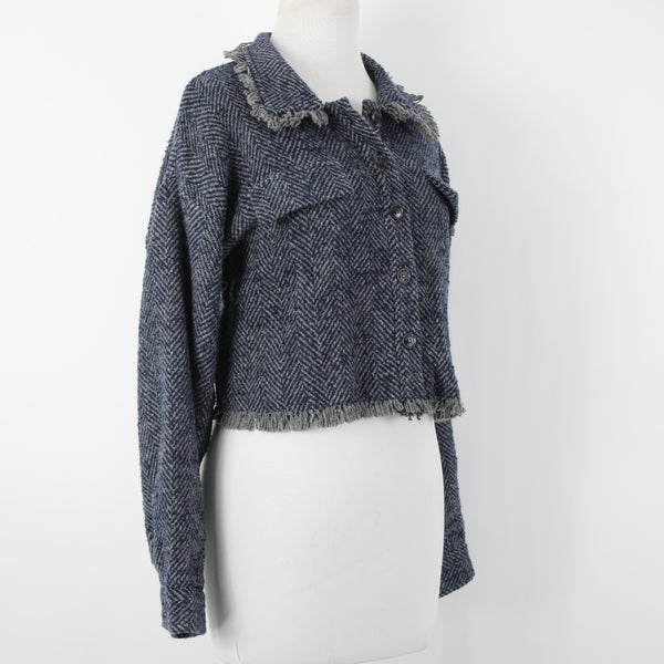 Sage The Label Sz M Navy Blue Gray Lined Buttons Wool Polyester Cropped Jacket
