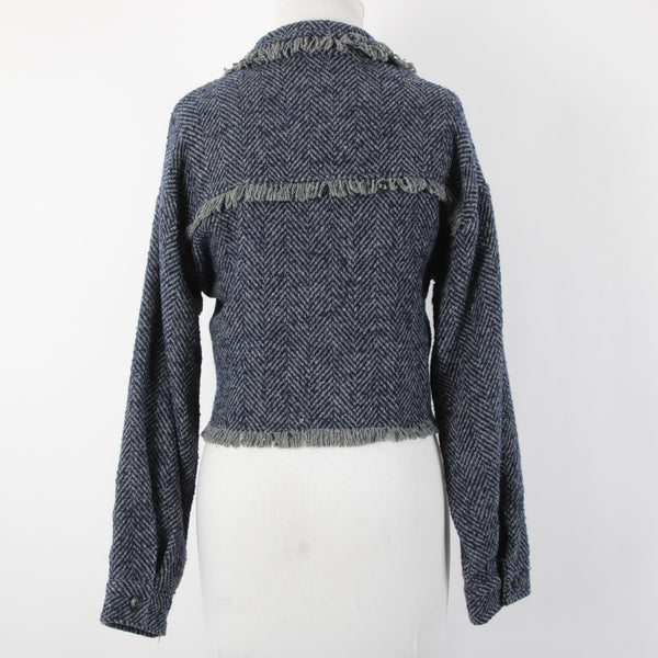 Sage The Label Sz M Navy Blue Gray Lined Buttons Wool Polyester Cropped Jacket