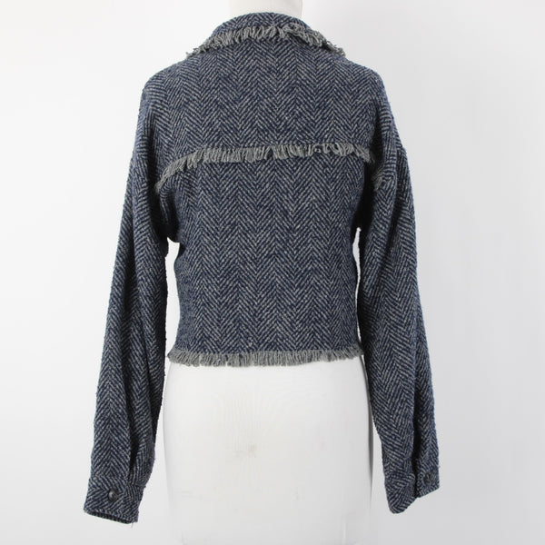 Sage The Label Sz M Navy Blue Gray Lined Buttons Wool Polyester Cropped Jacket
