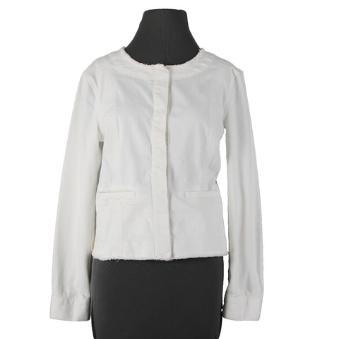 Cabi Sz S White Raw Edge Hems Snap Buttons Pockets Cotton Elastane Jacket