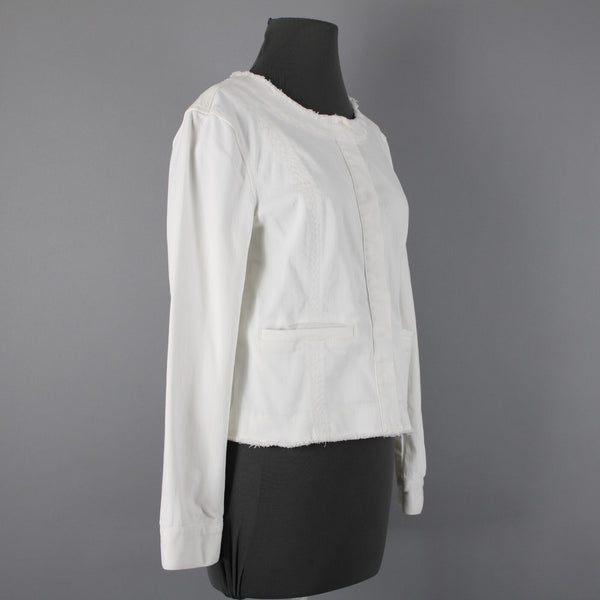 Cabi Sz S White Raw Edge Hems Snap Buttons Pockets Cotton Elastane Jacket